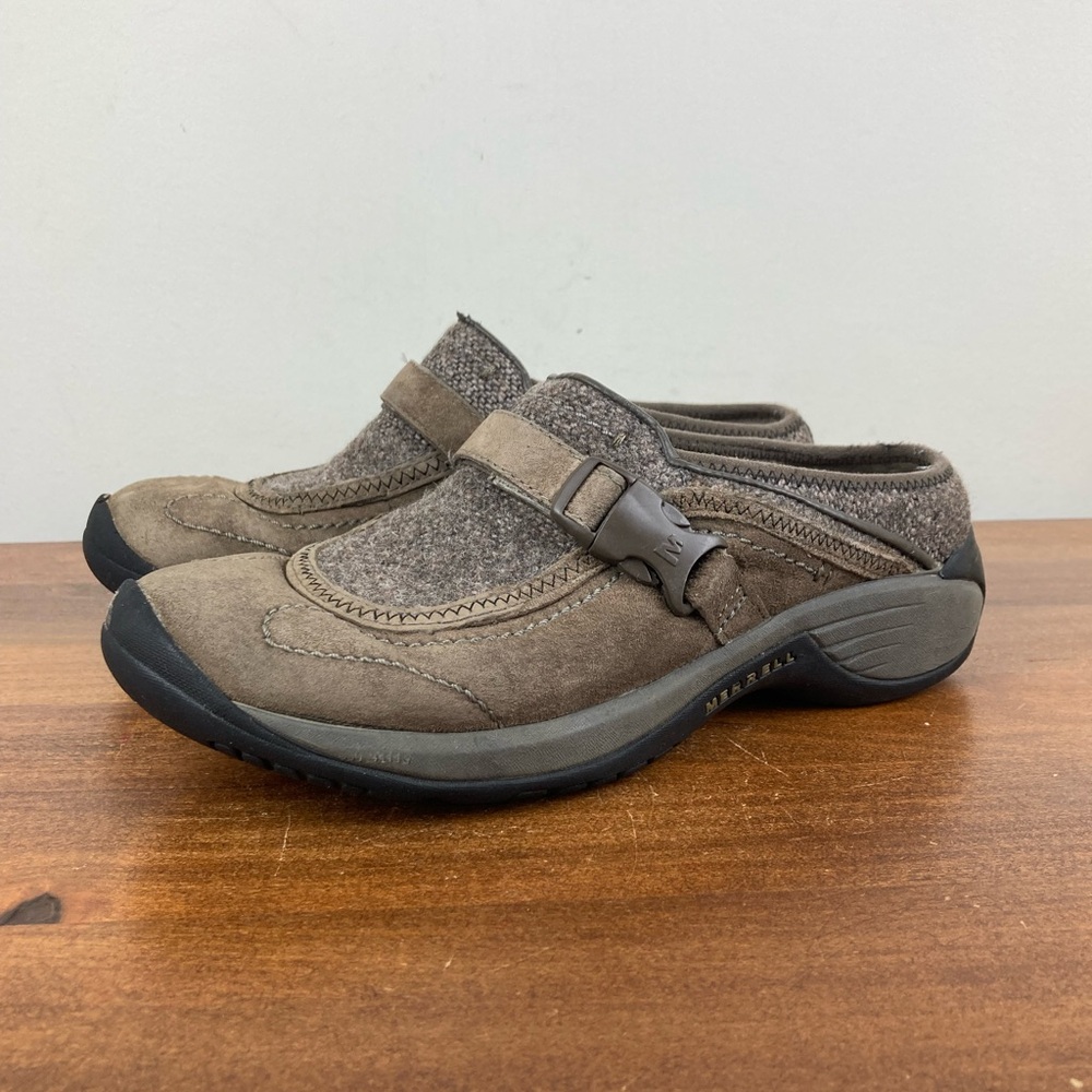 Merrell Encore Stone Sidestep Brown Leather Mules Shoes J66626 Women's Size 7.5.